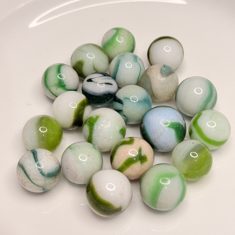 Vintage Green & White Swirl Glass Marbles Lot 18 Akro Vitro Style Mixed Bulk